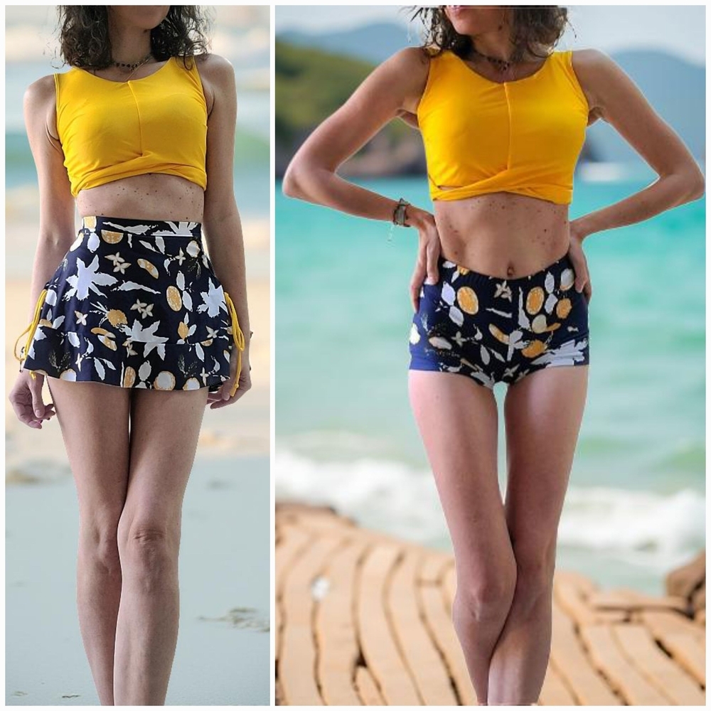NWT 3-Piece Set Floral Yellow And Navy Blue Women's Swim Top, Shorts And Skirt